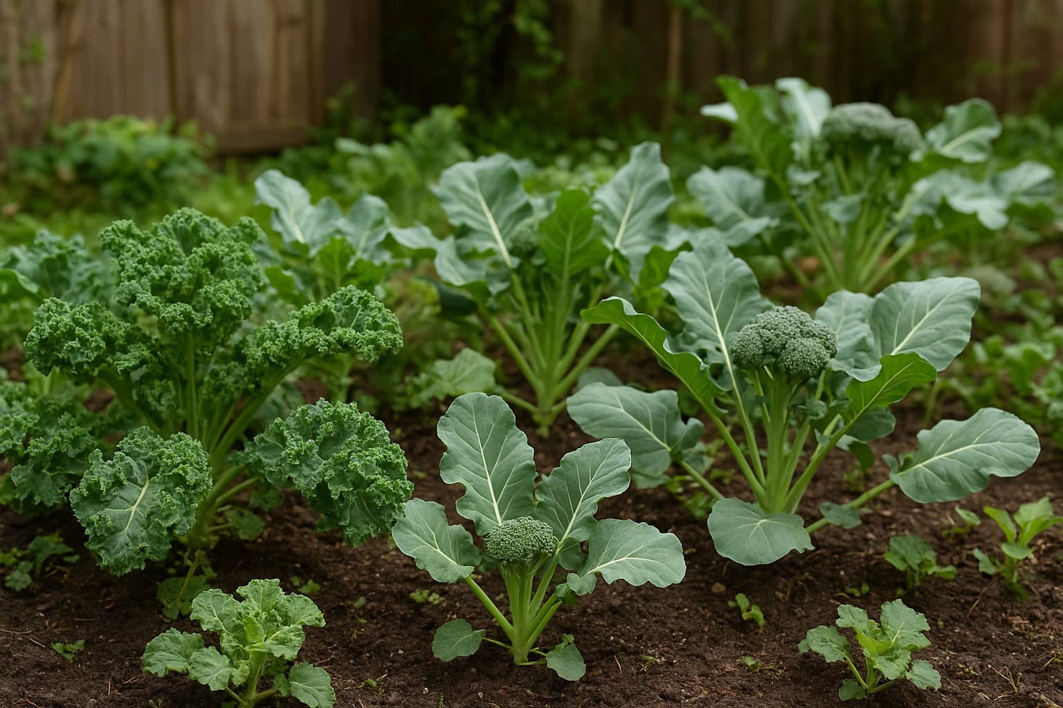 Garden bed with kale and broccoli in early spring in Washington State.