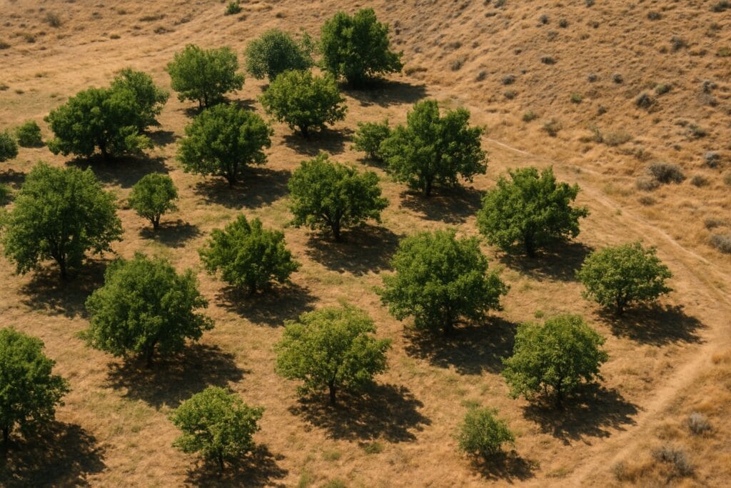 Aerial view of a small orchard in Washington State with diverse climates.