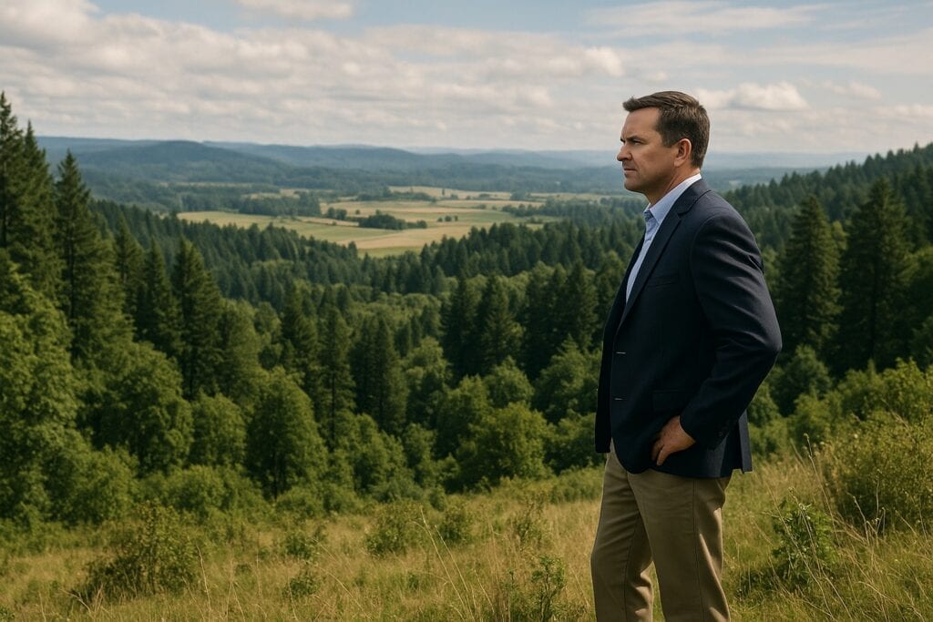 Land broker overlooking Washington State landscape, representing stewardship.