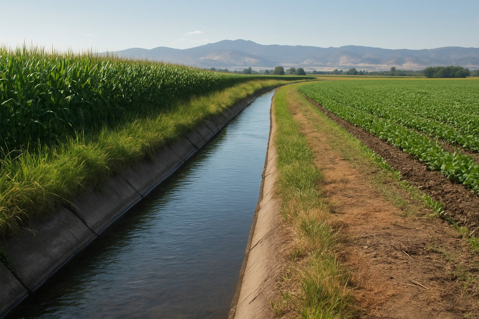 Irrigation canal on Washington farmland, symbolizing water rights management.