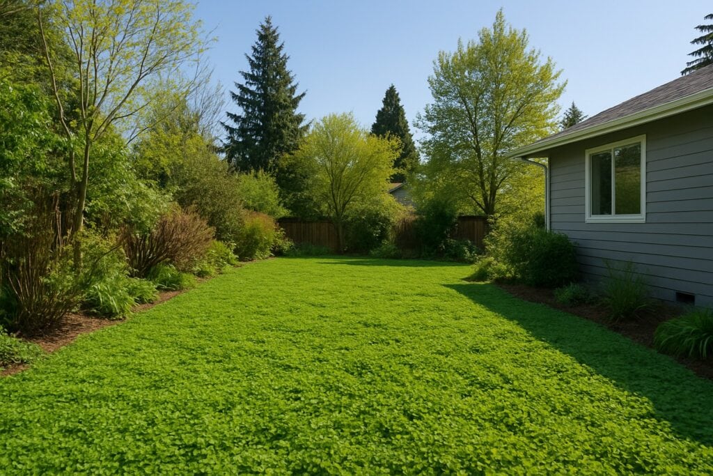 A suburban backyard in Washington State with clover instead of grass, showcasing a lush, eco-friendly landscape.