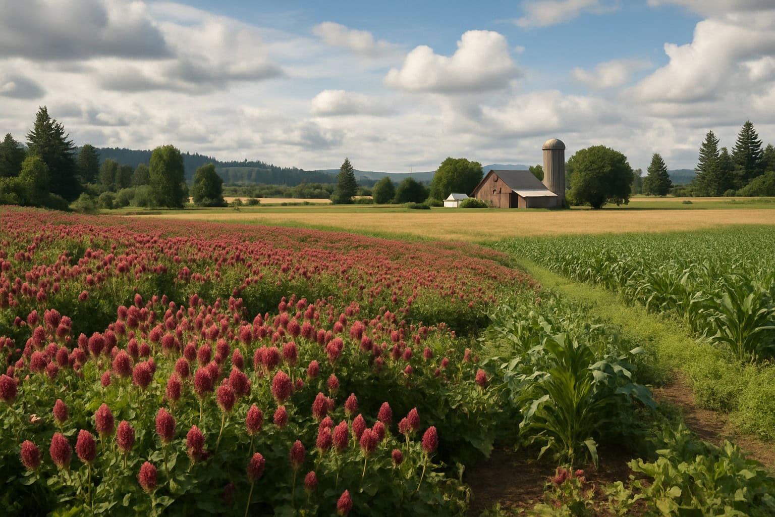 A Washington State farm with clover fields and traditional crops.