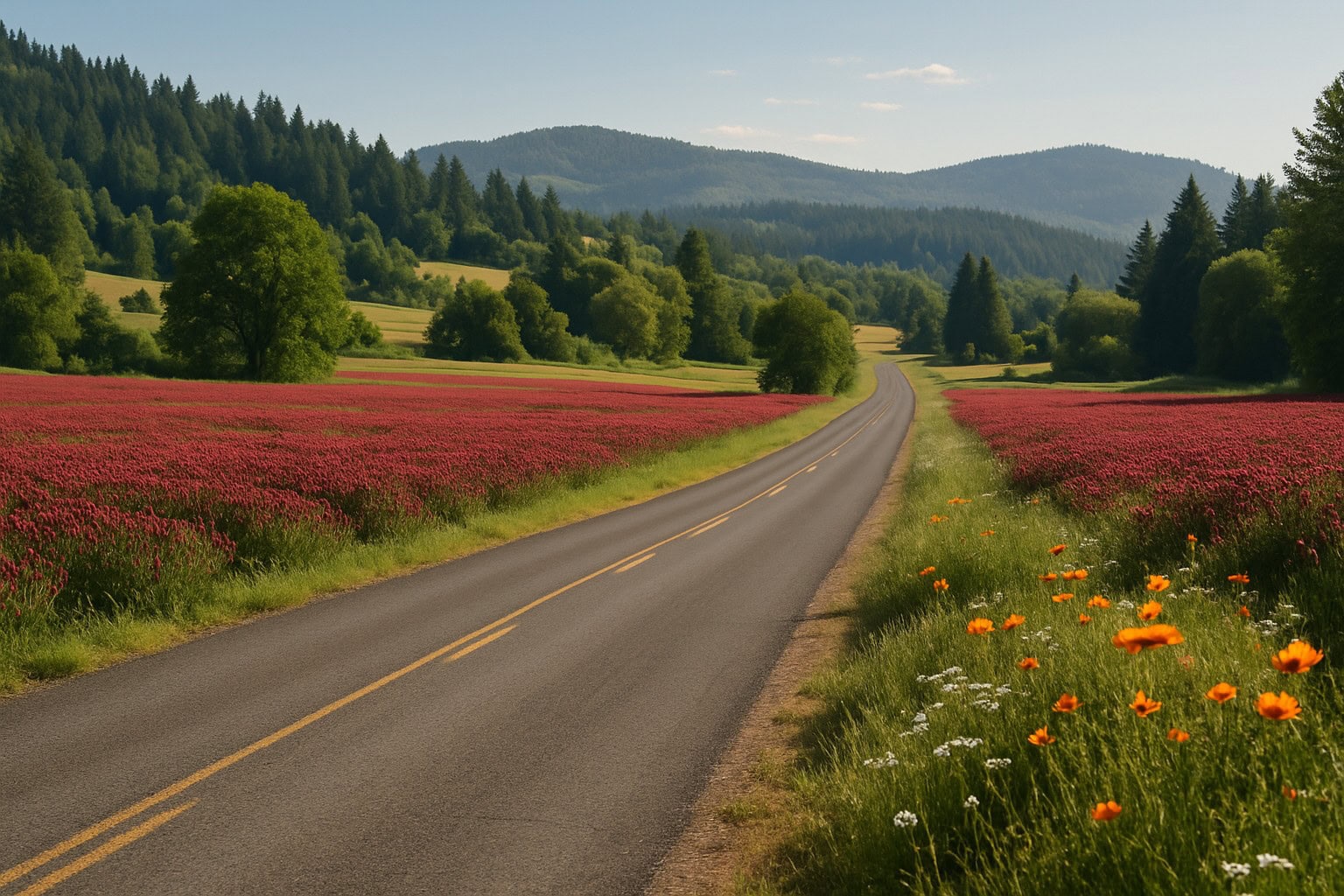 A rural road in Washington State with clover fields and wildflowers.