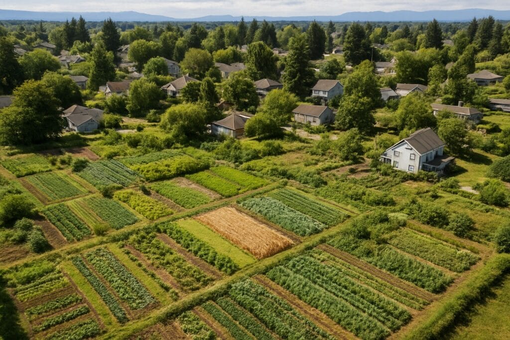 Aerial view of suburban farming in Washington State with mixed residential and agricultural plots.