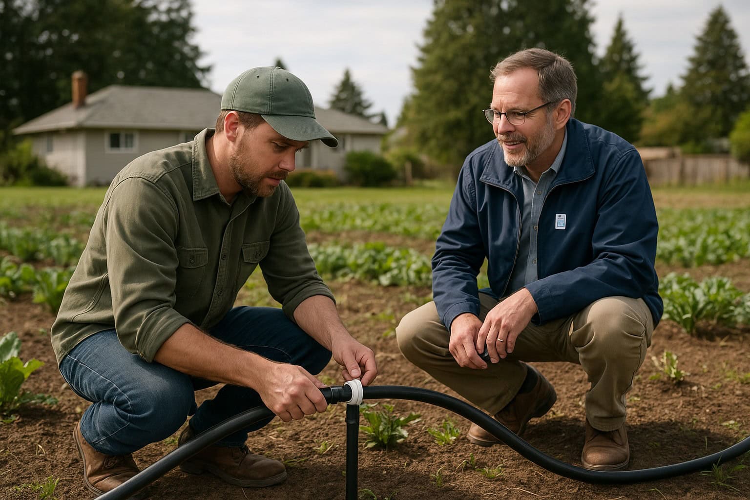Suburban farmer in Washington setting up irrigation with government assistance.