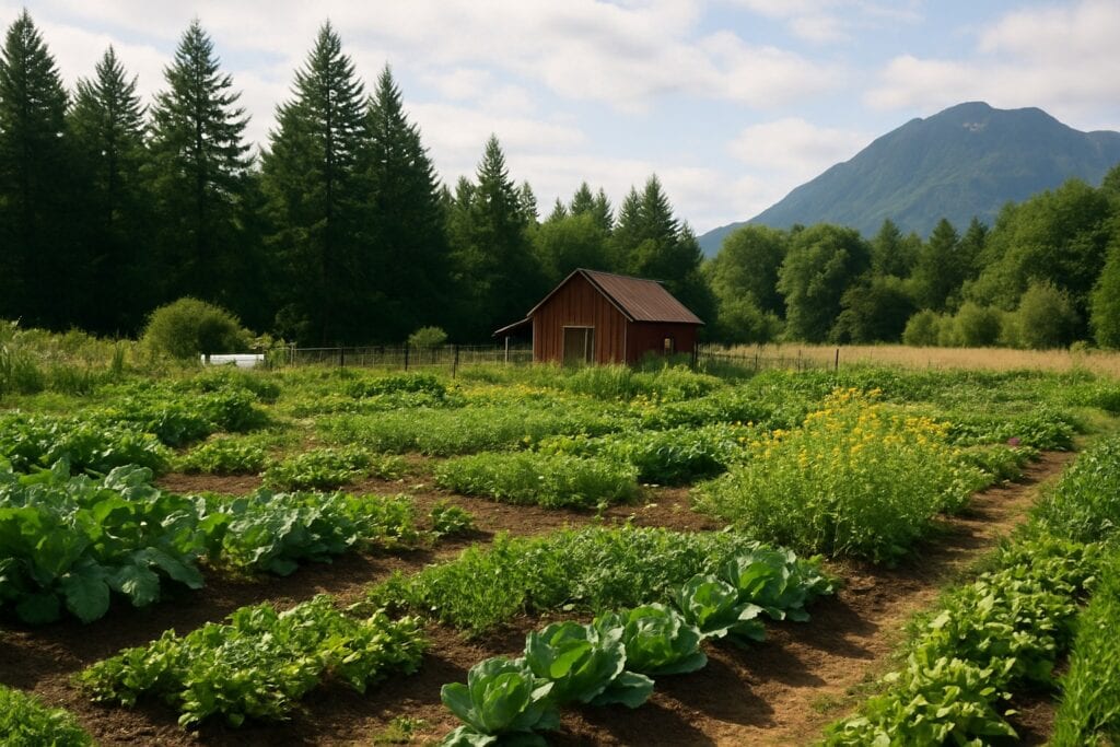 Suburban farm in Washington State with crops and mountain backdrop.