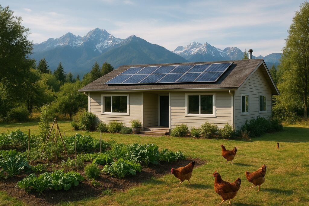 Modern suburban homestead in Washington State with garden and solar panels.