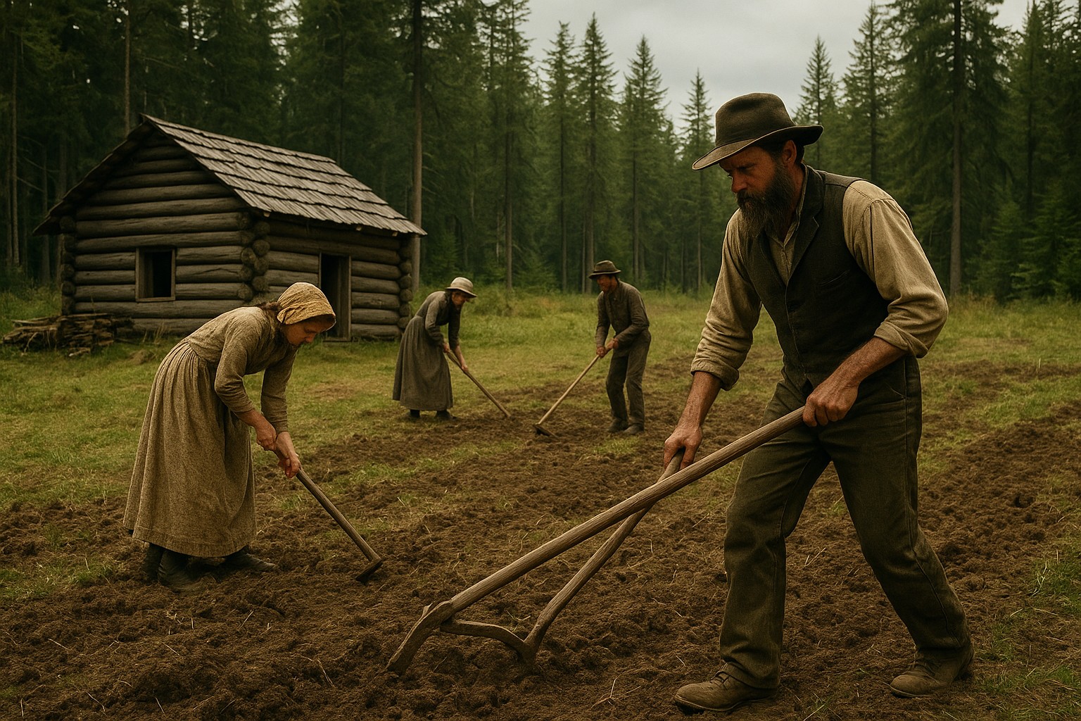 19th-century homesteaders in Washington State cultivating land.