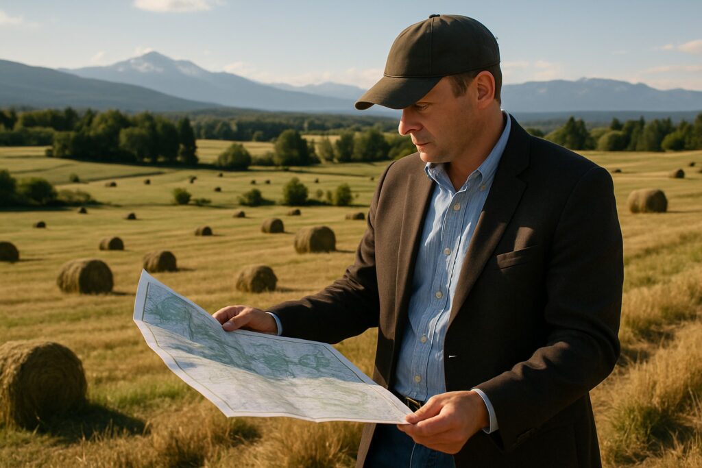 A land broker reviewing a map on a Washington State farm with hay fields and mountains in the background.