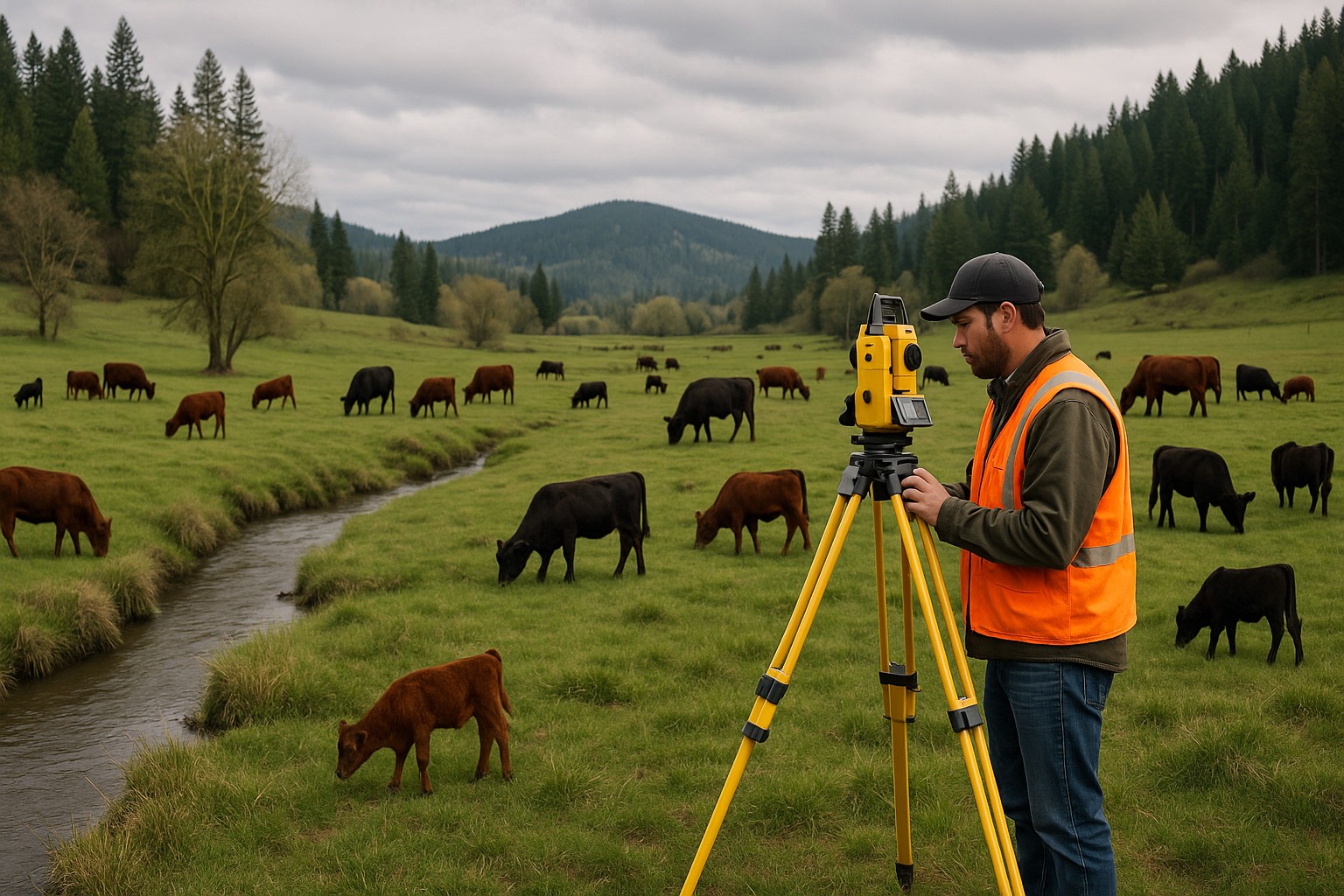 Surveyor working on a Washington State ranch with cattle and a creek.