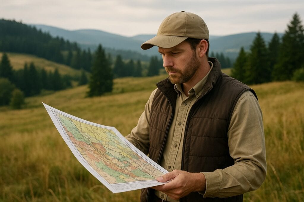 Land specialist examining a soil survey map in rural Washington.