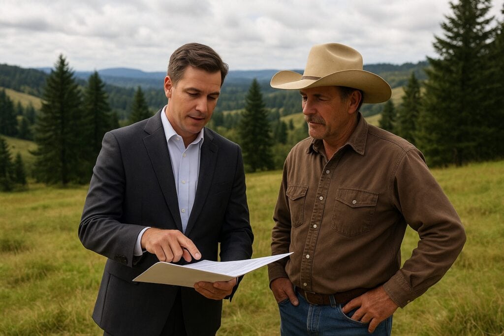 Land broker and ranch owner reviewing documents in rural Washington State.