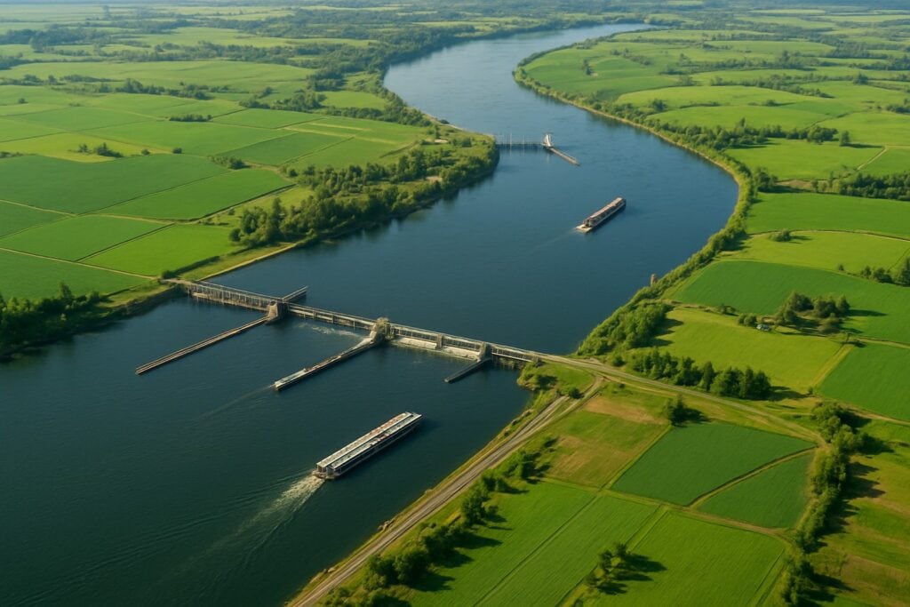Aerial view of Columbia River dams with agricultural fields and barges.