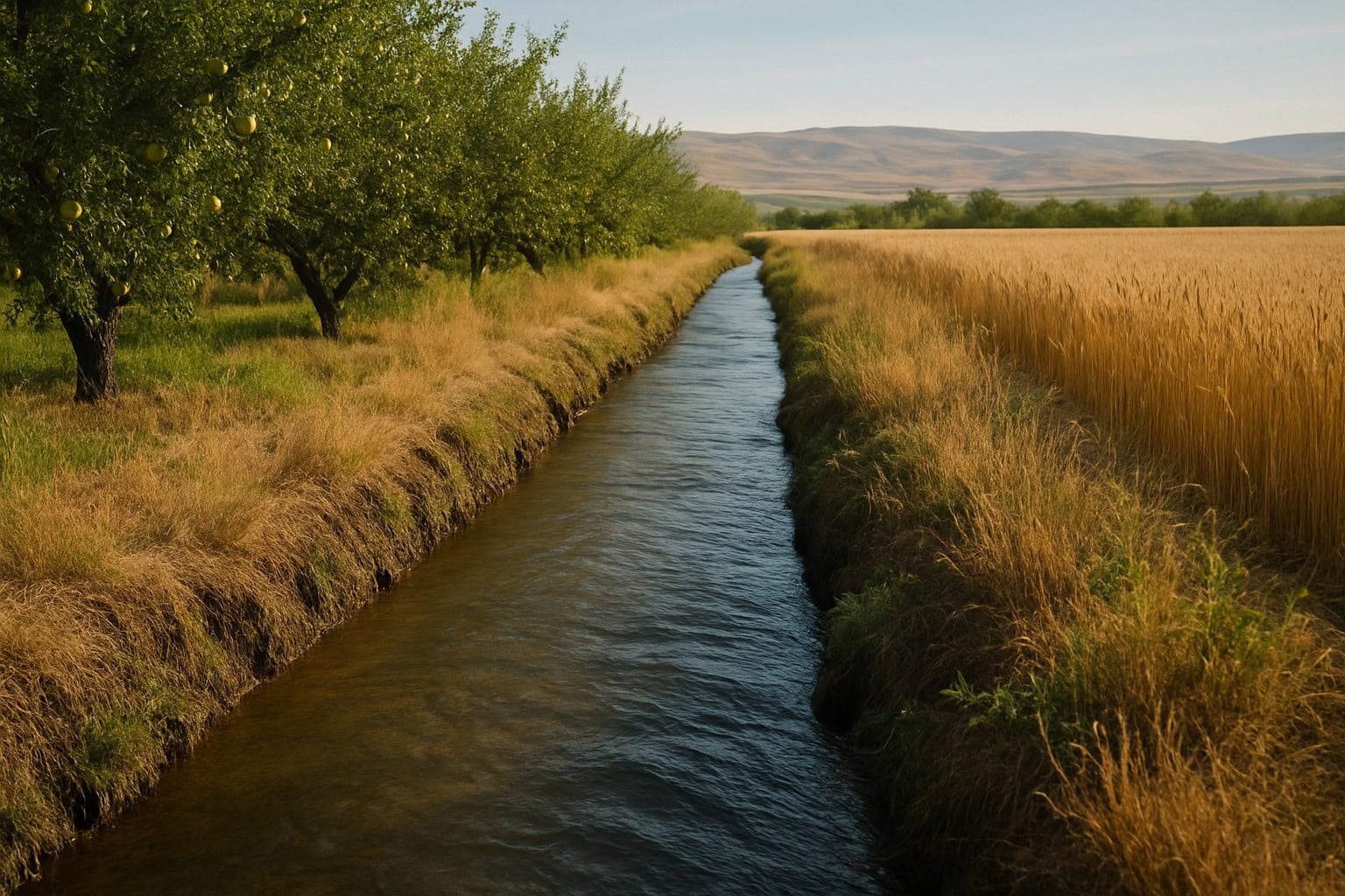 Irrigation canal in Central Washington with apple orchards and wheat fields.