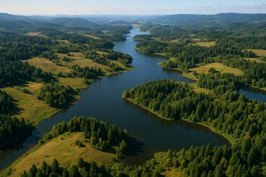 Aerial view of Washington State landscape with hills, forests, and water bodies.