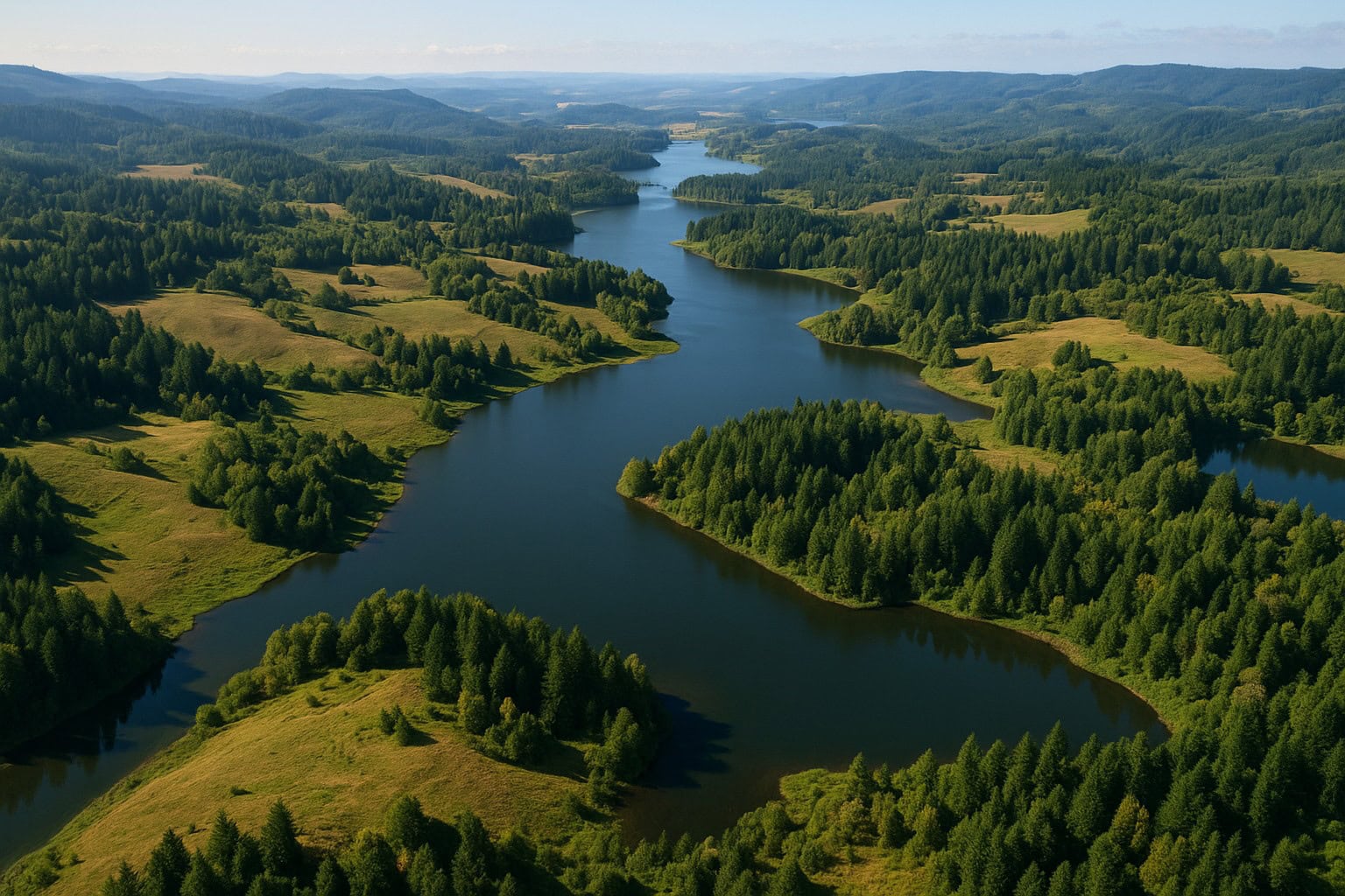 Aerial view of Washington State landscape with hills, forests, and water bodies.