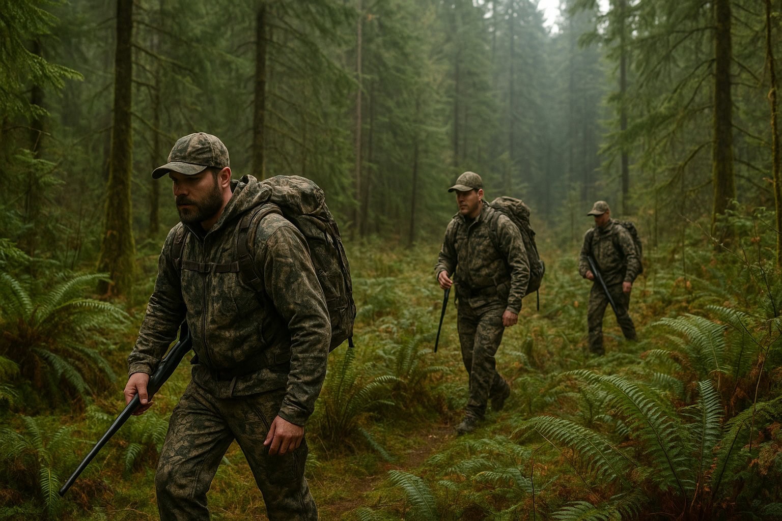 Hunters in Washington State forest, highlighting elk and deer habitat.