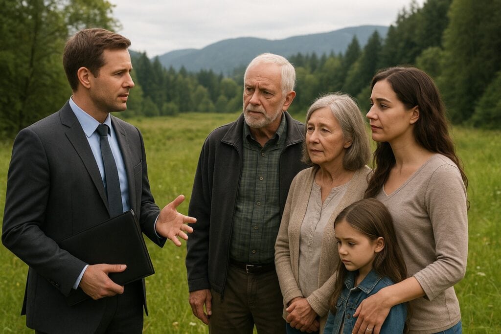 Land broker with family in Washington landscape, discussing land sale.