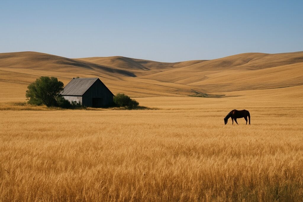 A Washington State farm featuring dryland wheat fields and rolling hills.