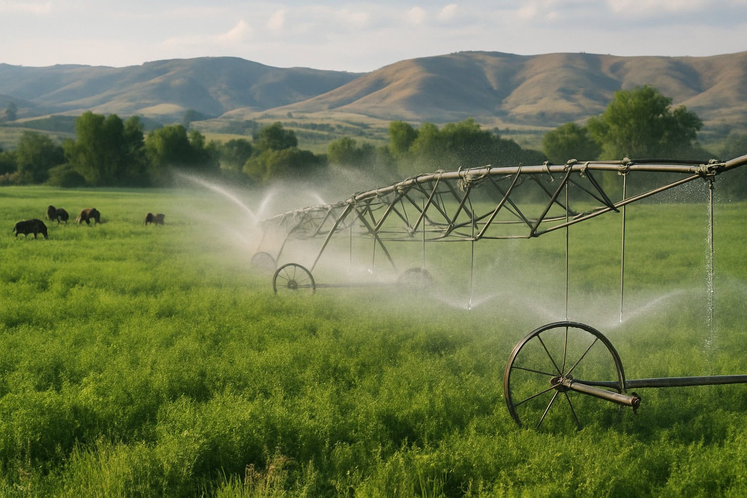 Irrigation system in the Yakima Valley with green fields.