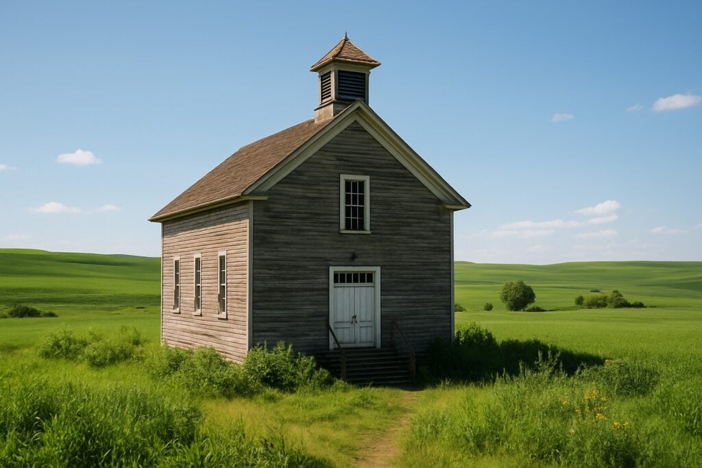 Historic wooden grange hall in rural Washington State with green fields and blue sky.