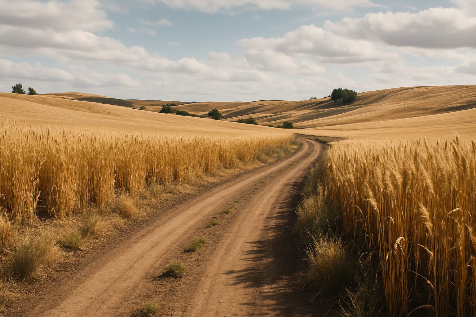 Rural Washington State landscape with wheat fields and dirt road.
