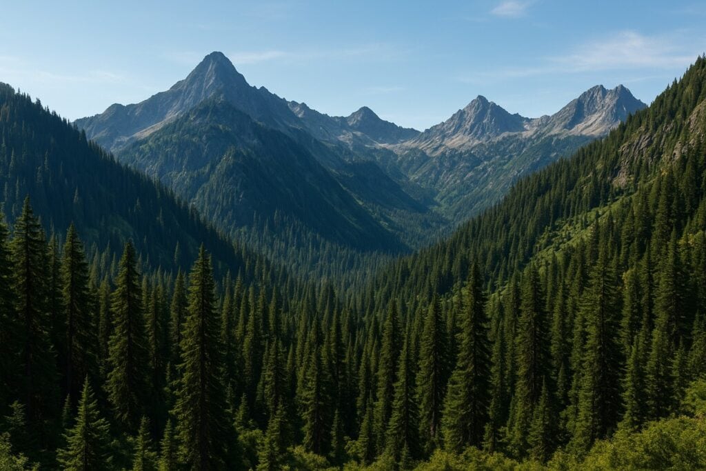 Selkirk Mountains with dense forests in Washington State.