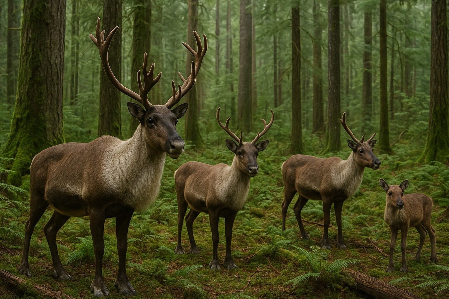 Woodland caribou in a dense Washington forest.