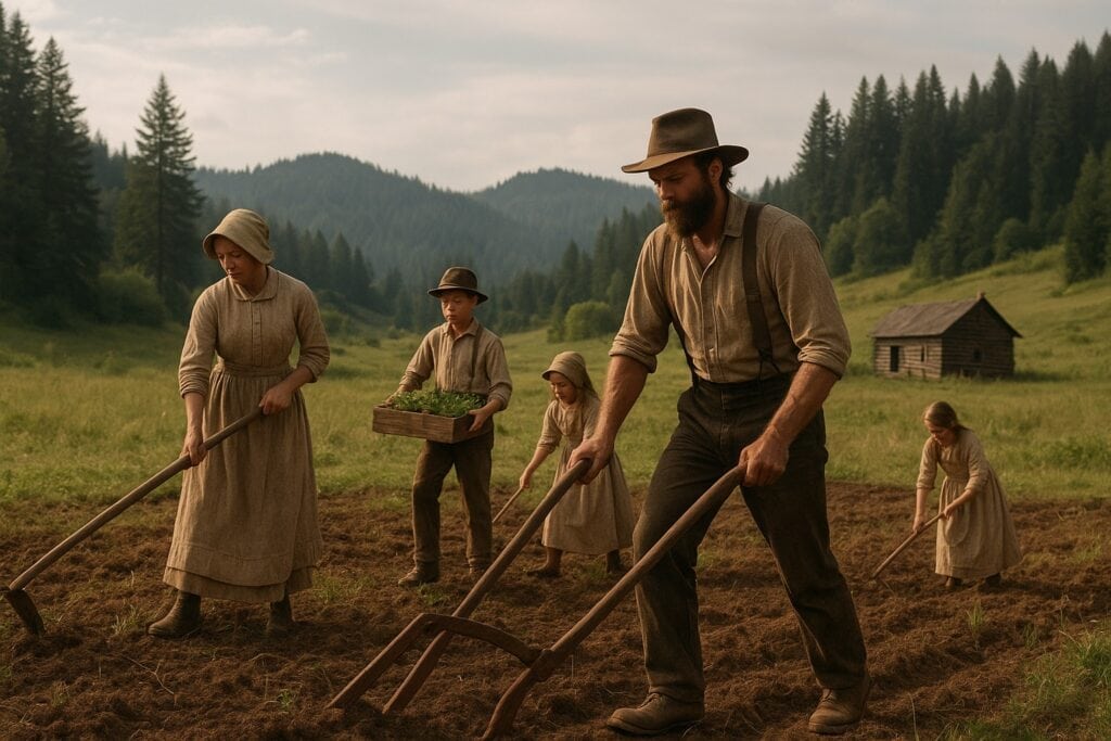 19th-century homesteader family in Washington State with rolling hills.