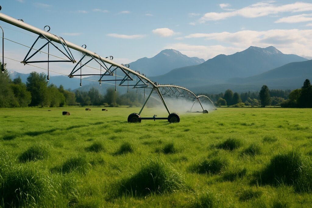 Washington State farm with irrigation system and green fields.