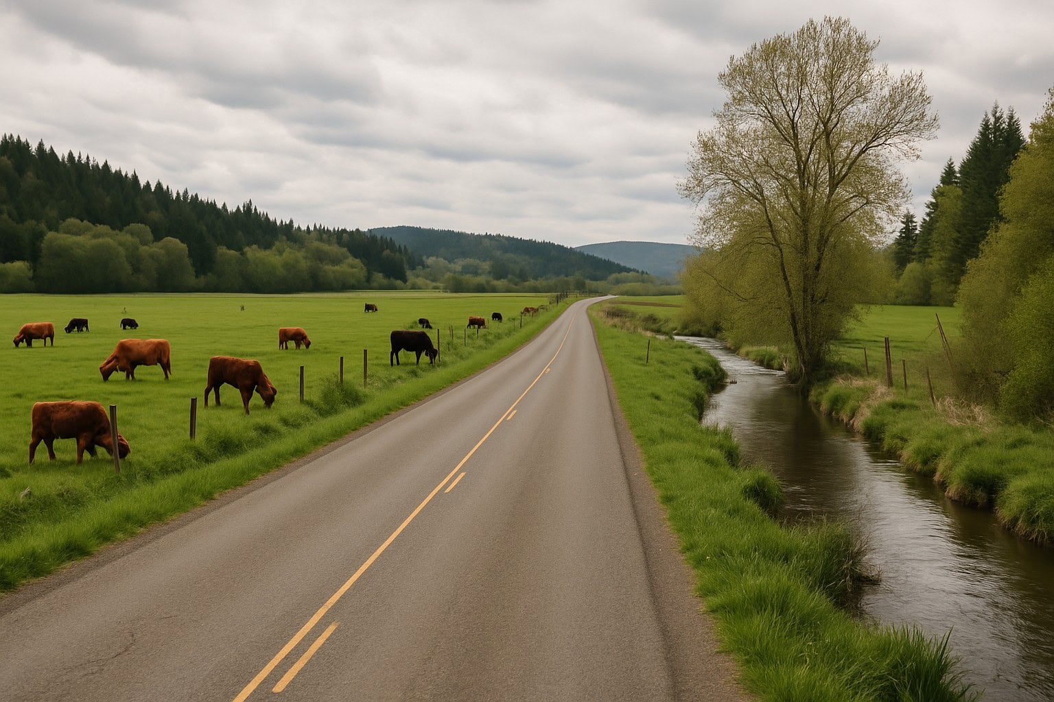 Rural road with grazing land and a creek in Washington State.