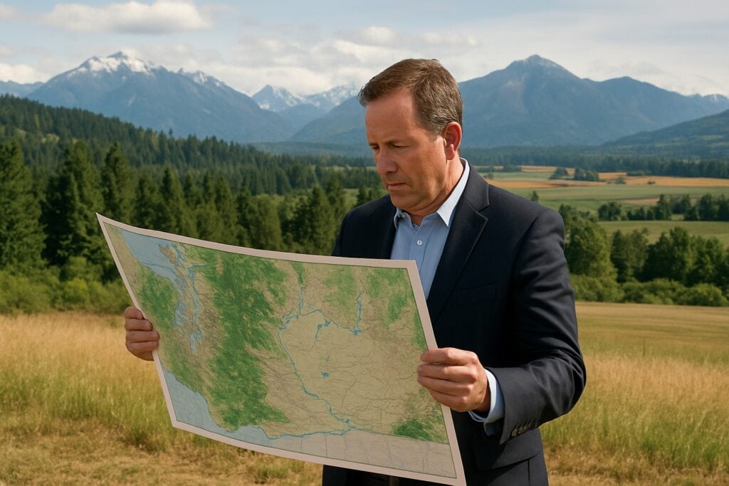 Land broker with Washington State map and diverse landscapes.
