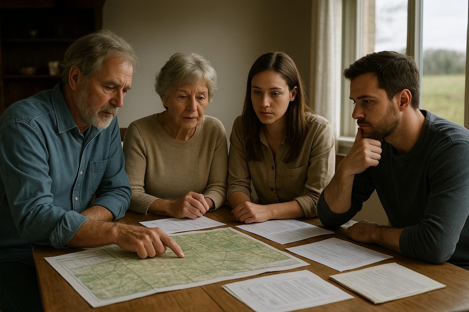 Family discussing generational farmland sale with maps and documents.