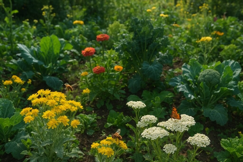 Vegetable garden in Washington with flowers attracting pollinators.
