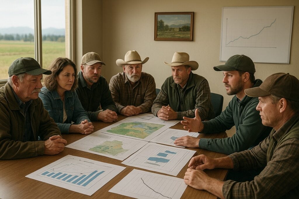 Local farmers and ranchers in a meeting discussing agricultural policies in Washington State.