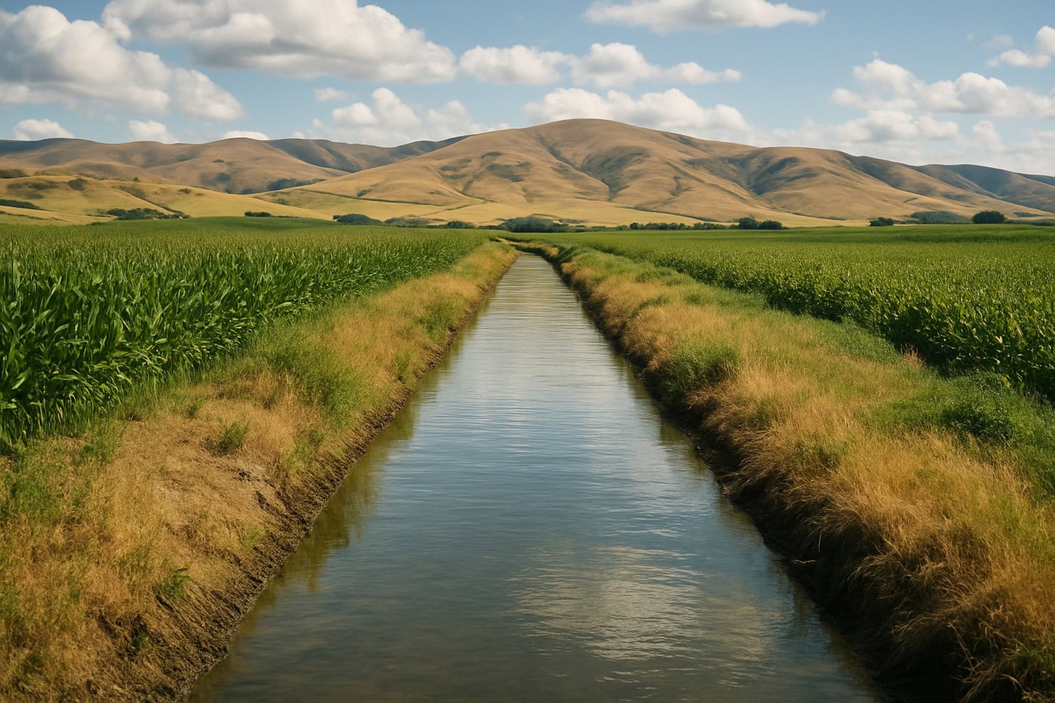 Irrigation canal on Washington farmland with rolling hills.