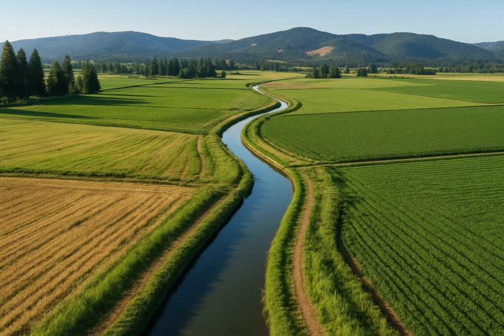 Aerial view of irrigation canals on farmland in Washington State.