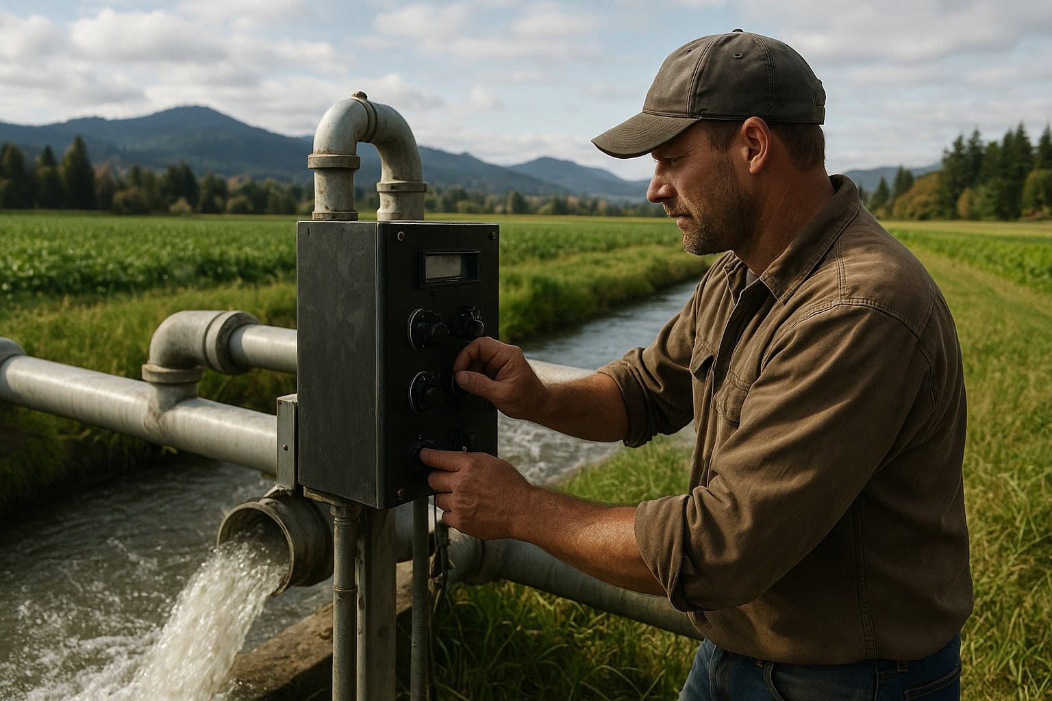 Farmer adjusting a water management system in rural Washington.