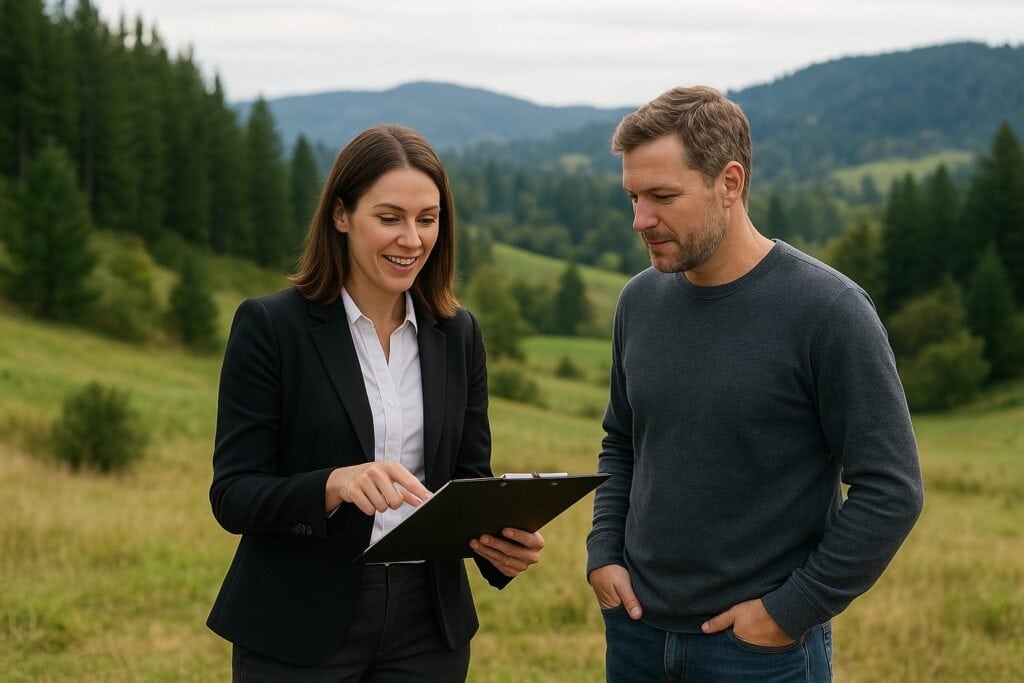 Real estate broker discussing contract in rural Washington.