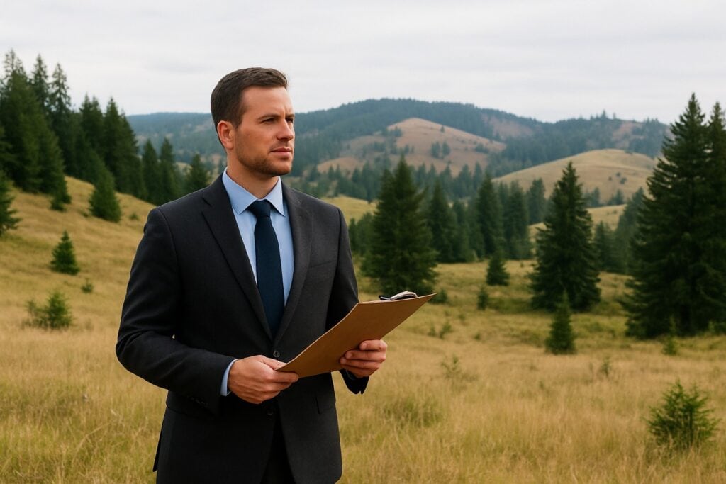 Land broker in a rural Washington State setting with hills and trees.