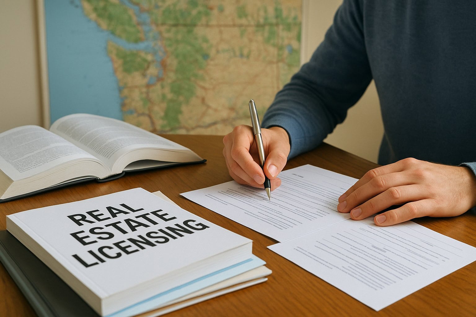 Person studying real estate licensing materials with a Washington State map.