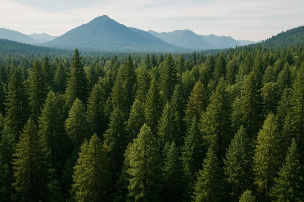 Aerial view of managed forest in Washington State with diverse tree species and mountains.