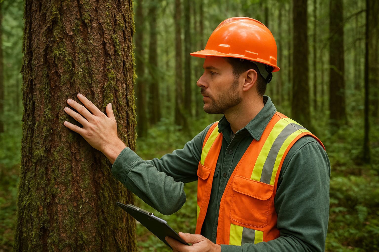 Forester examining a Douglas fir tree in Washington State forest.