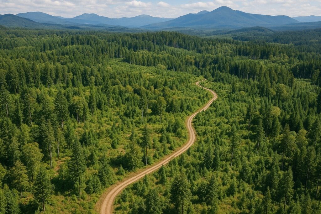 Aerial view of a managed forest in Washington State with mountains.