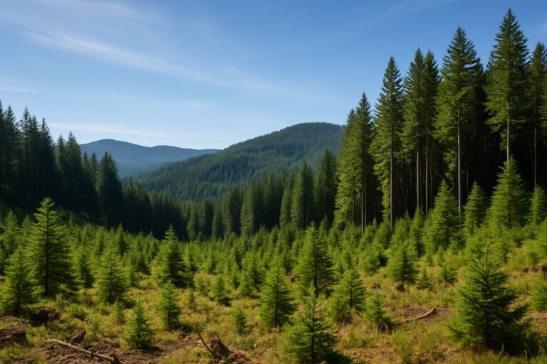 Aerial view of managed timberland in Washington State with dense green trees and clear skies.