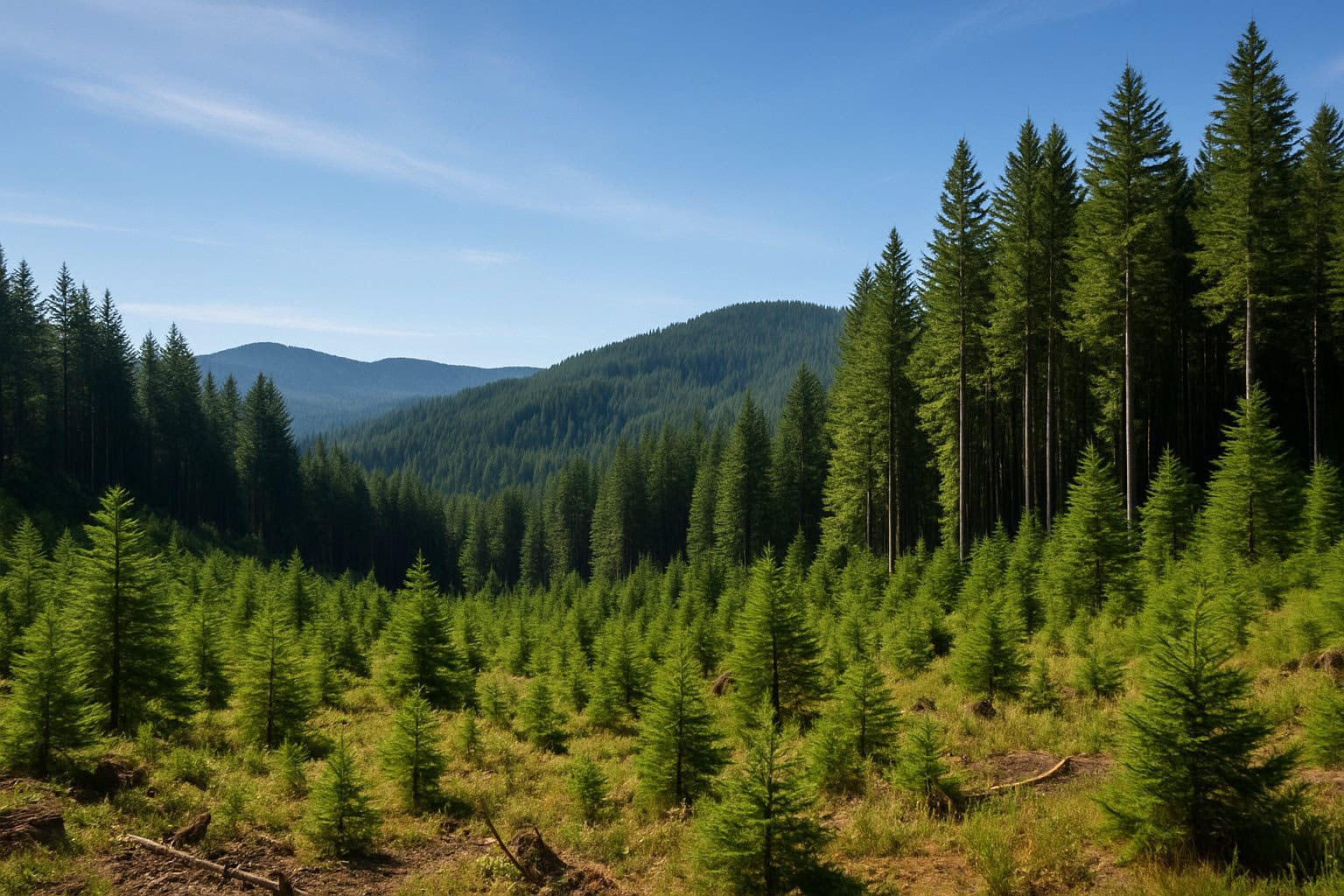 Aerial view of managed timberland in Washington State with dense green trees and clear skies.