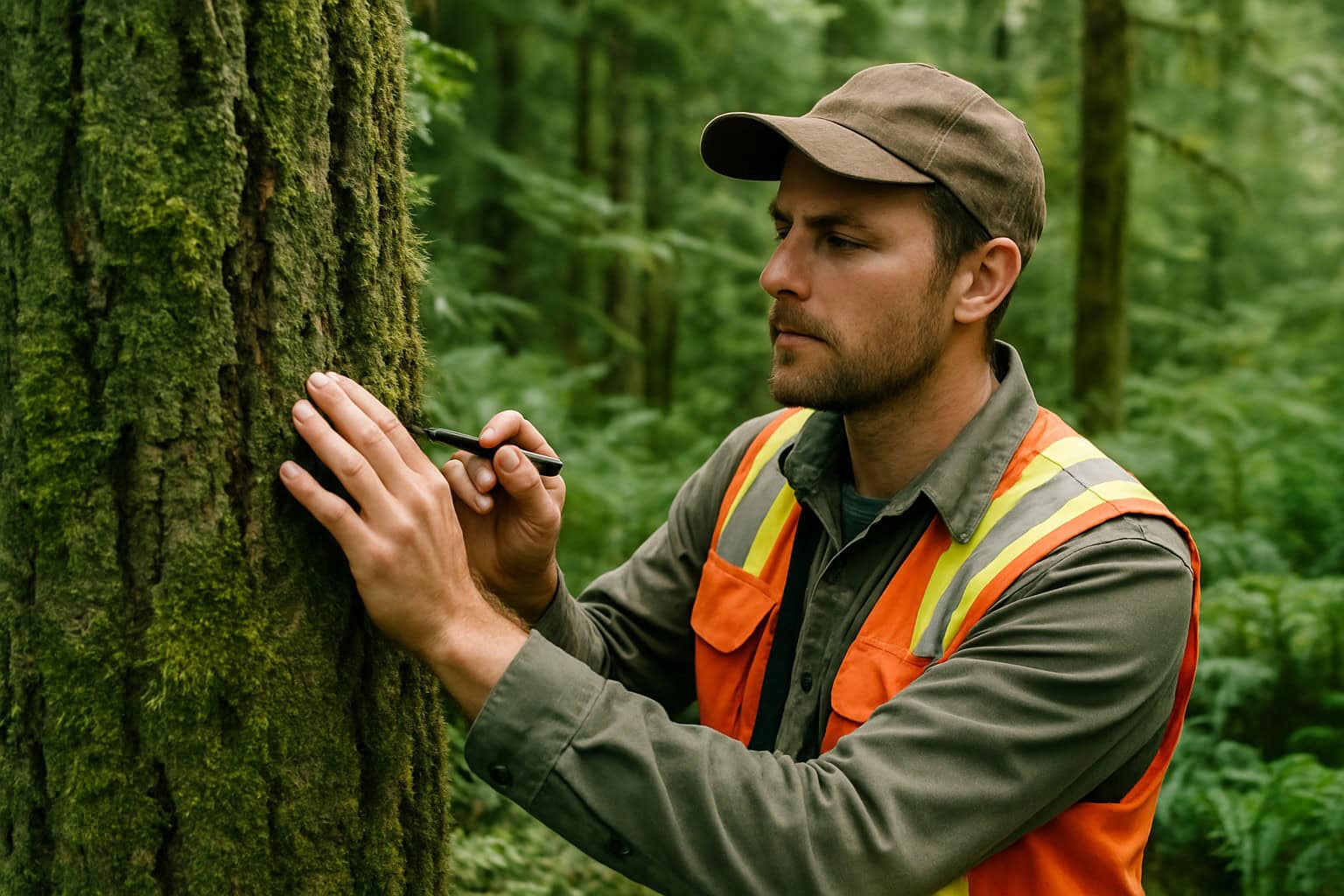 Forester examining tree growth in a Washington State forest.