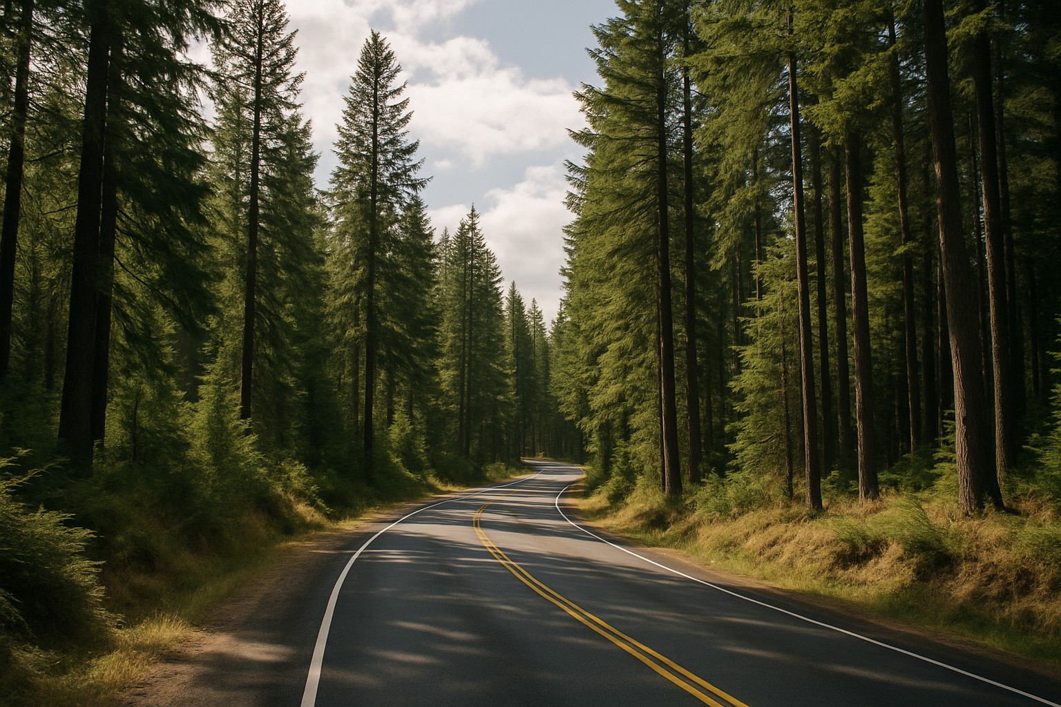 Rural road in Washington State timberland with tall evergreens.