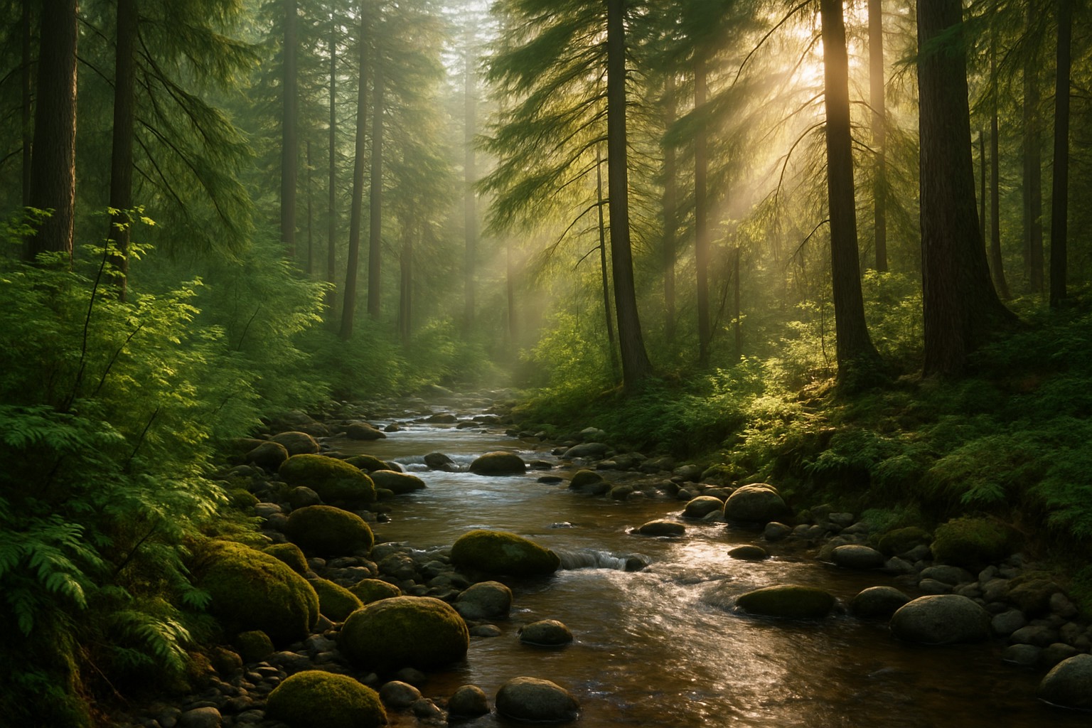 Creek in Washington State forest with sunlight filtering through trees.