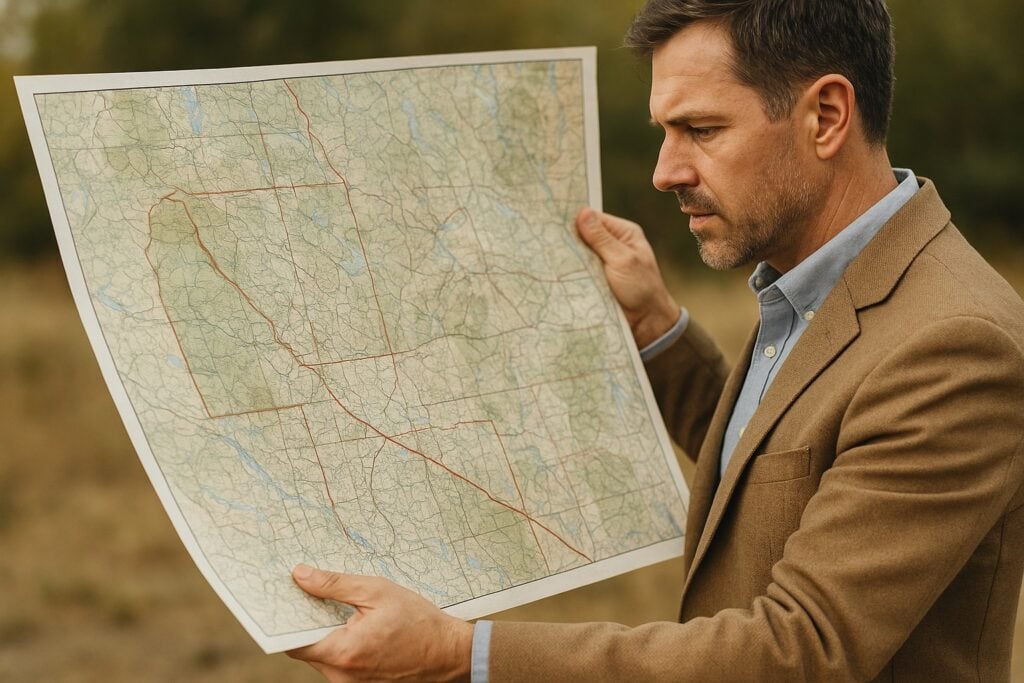 Land broker with a map of rural Washington State showing easements and boundaries.